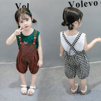 Load image into Gallery viewer, 2 Pieces Set Baby Kid Girls Cartoon Print Tops And Checked Rompers Wholesale 22033053
