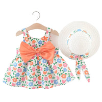 Load image into Gallery viewer, Baby Kid Girls Flower Bow Print Dresses And Hats Wholesale 220330565
