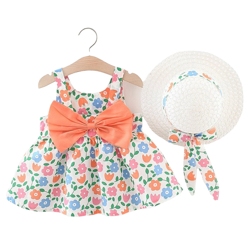 Baby Kid Girls Flower Bow Print Dresses And Hats Wholesale 220330565