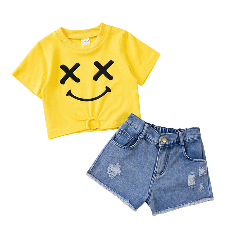 2 Pieces Set Baby Kid Girls Striped Car Star Embroidered Tops And Ripped Shorts Wholesale 220330598