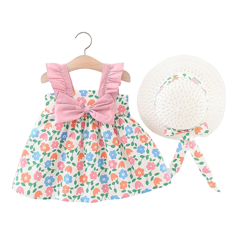 Baby Girls Color-blocking Flower Bow Print Dresses Wholesale 220330610