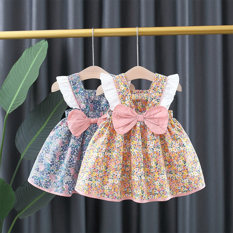 Baby Girls Color-blocking Flower Bow Print Dresses Wholesale 220330620