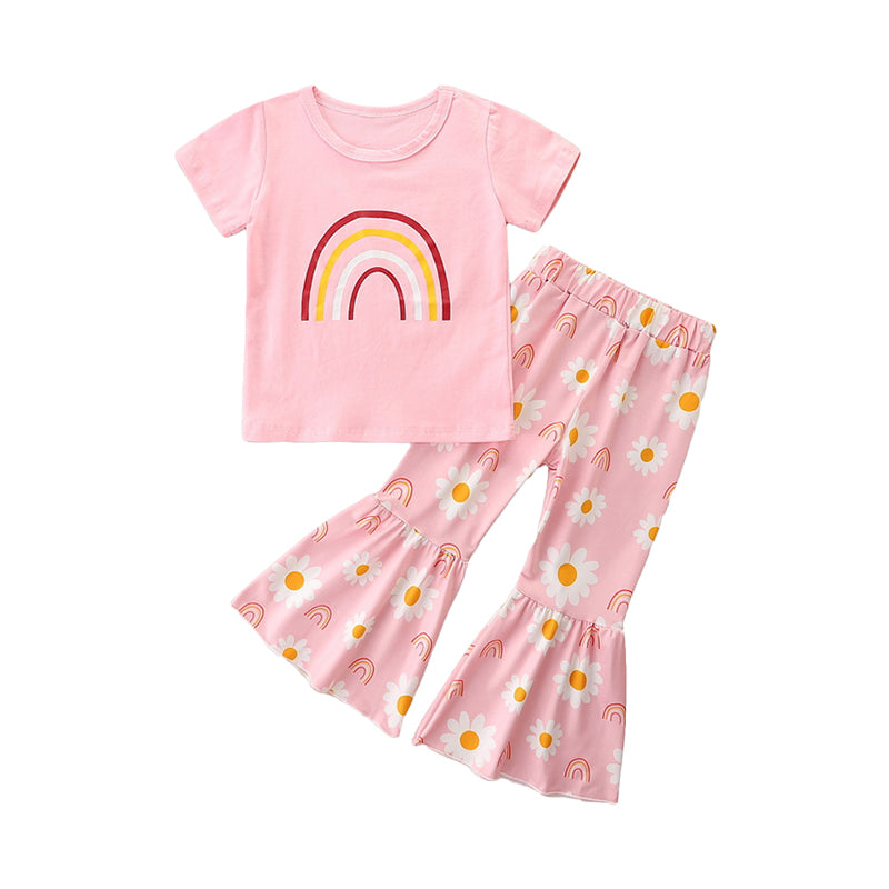 2 Pieces Set Baby Kid Girls Flower Rainbow Print T-Shirts And Pants Wholesale 220330645
