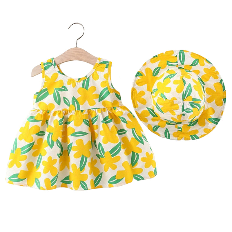 Baby Girls Flower Print Dresses And Accessories Hats Wholesale 220330658