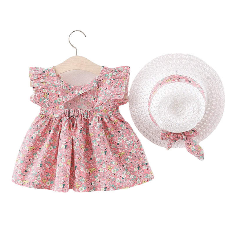 Baby Girls Flower Bow Print Dresses And Accessories Hats Wholesale 220330659