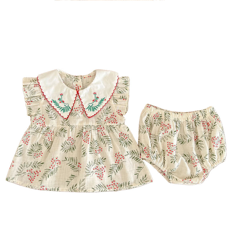 2 Pieces Set Baby Girls Flower Embroidered Print Tops And Shorts Wholesale 220330665