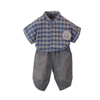 Load image into Gallery viewer, 2 Pieces Set Baby Kid Boys Checked Expression Embroidered Shirts And Solid Color Pants Wholesale 22033067
