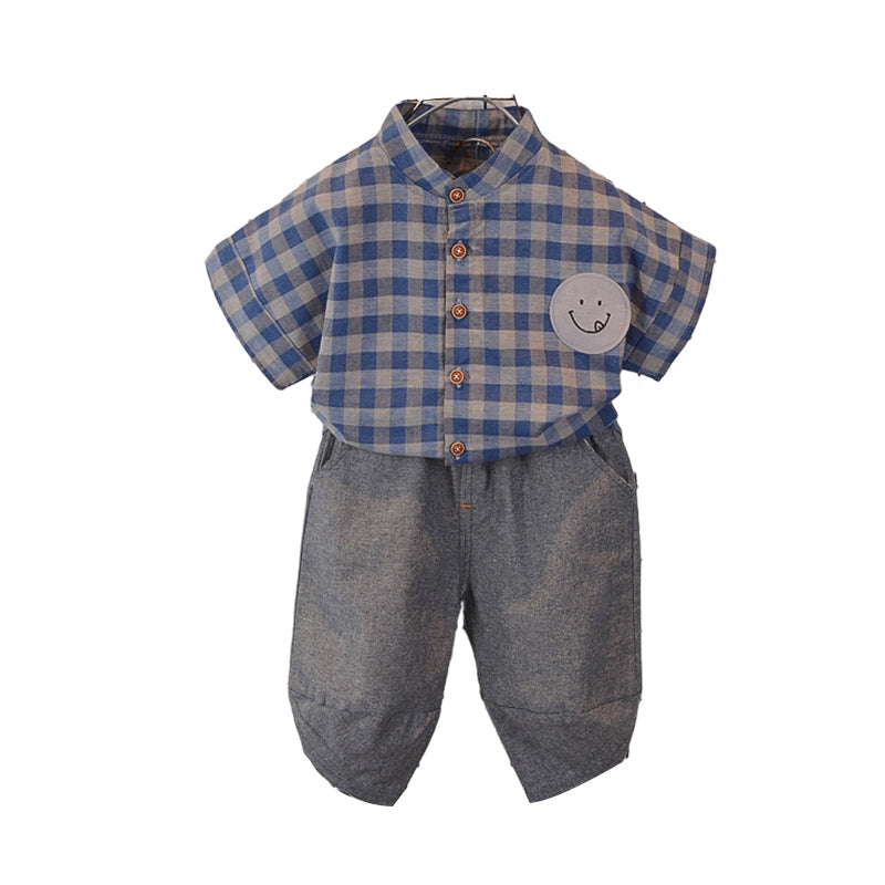 2 Pieces Set Baby Kid Boys Checked Expression Embroidered Shirts And Solid Color Pants Wholesale 22033067