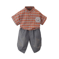 Load image into Gallery viewer, 2 Pieces Set Baby Kid Boys Checked Expression Embroidered Shirts And Solid Color Pants Wholesale 22033067
