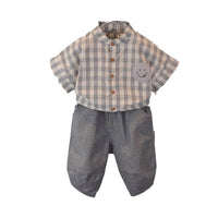 Load image into Gallery viewer, 2 Pieces Set Baby Kid Boys Checked Expression Embroidered Shirts And Solid Color Pants Wholesale 22033067
