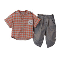 Load image into Gallery viewer, 2 Pieces Set Baby Kid Boys Checked Expression Embroidered Shirts And Solid Color Pants Wholesale 22033067
