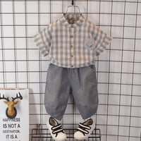 Load image into Gallery viewer, 2 Pieces Set Baby Kid Boys Checked Expression Embroidered Shirts And Solid Color Pants Wholesale 22033067
