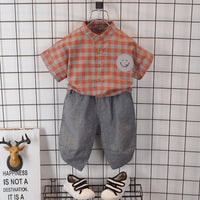 Load image into Gallery viewer, 2 Pieces Set Baby Kid Boys Checked Expression Embroidered Shirts And Solid Color Pants Wholesale 22033067
