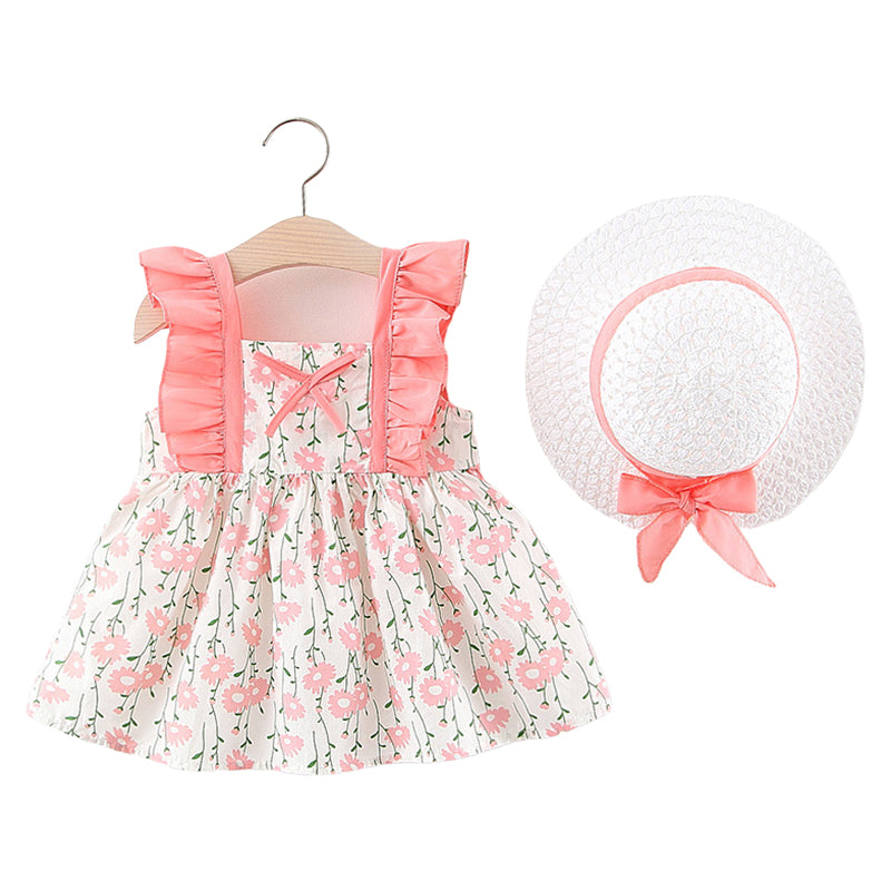 Baby Girls Color-blocking Flower Bow Print Dresses Accessories Hats Wholesale 22033069