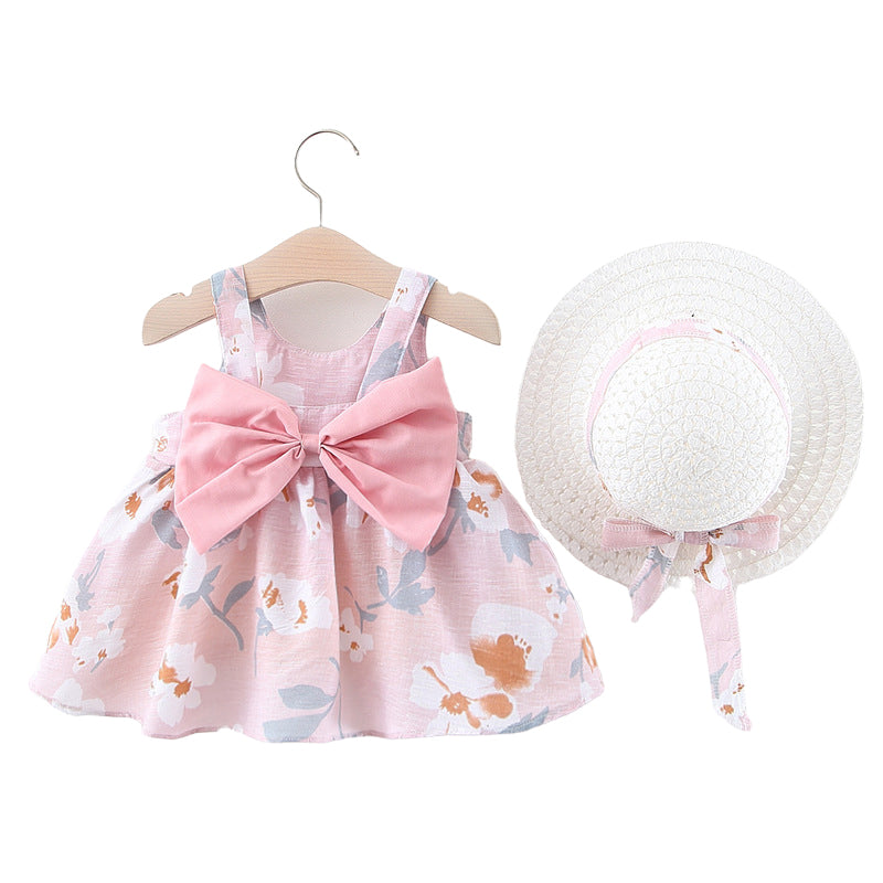 Baby Kid Girls Flower Bow Print Dresses And Hats Wholesale 22033078