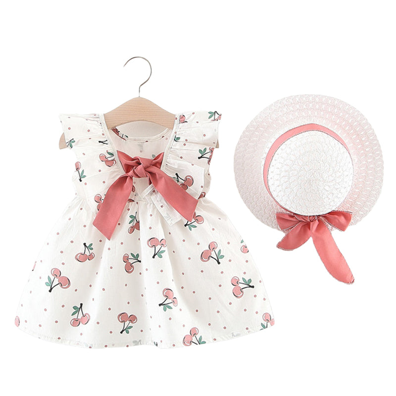 Baby Kid Girls Fruit Polka dots Bow Print Dresses And Hats Wholesale 22033079