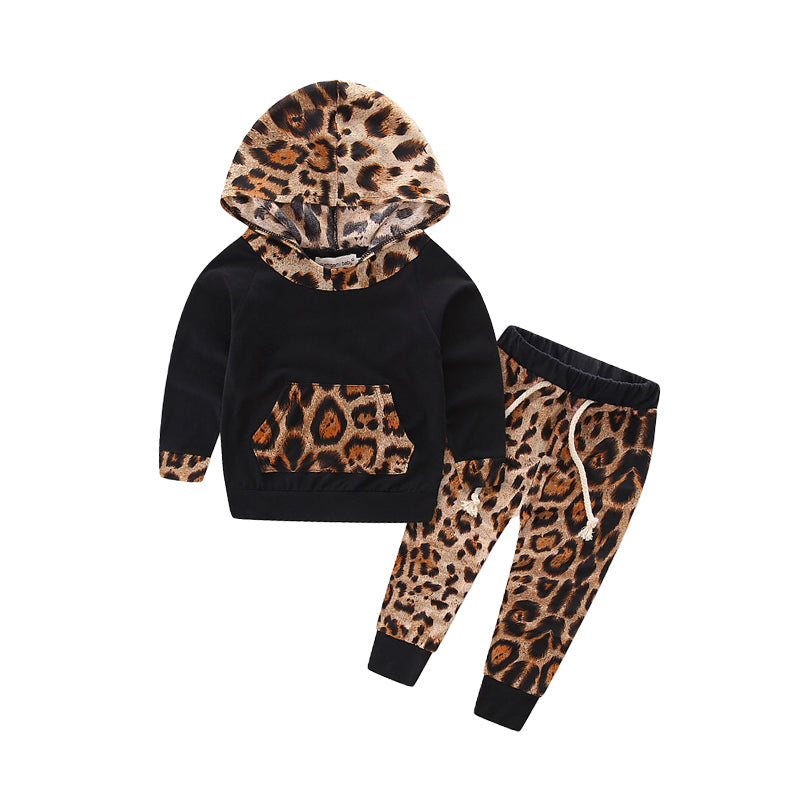 2 Pieces Set Baby Kid Unisex Color-blocking Flower Leopard Print Hoodies Swearshirts And Ribbon Pants Wholesale 22040204