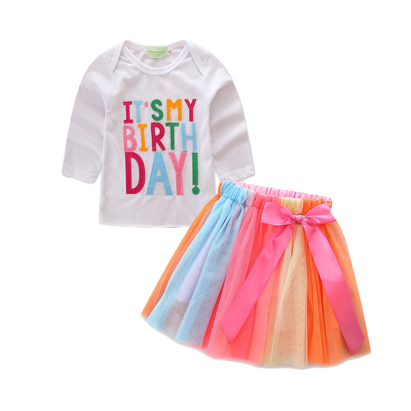 2 Pieces Set Baby Kid Girls Birthday Letters Tops And Ribbon Skirts Wholesale 22040205