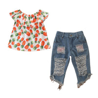 Load image into Gallery viewer, 2 Pieces Set Baby Kid Girls Fruit T-Shirts And Ripped Pants Wholesale 220402107

