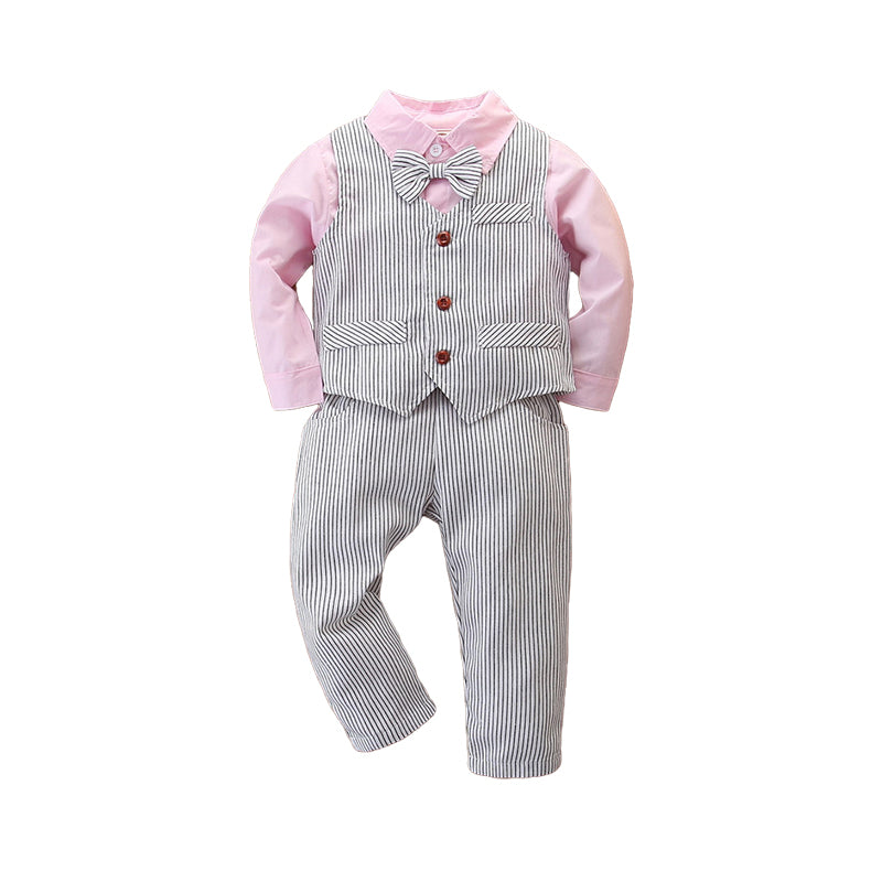 3 Pieces Set Baby Kid Boys Solid Color Bow Shirts And Striped Vests Waistcoats And Pants Suits Wholesale 220402145