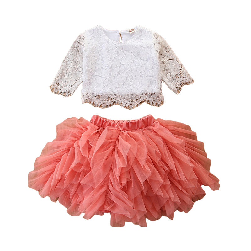 2 Pieces Set Baby Kid Girls Lace Tops And Solid Color Mesh Skirts Wholesale 220402148