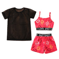 Load image into Gallery viewer, 3 Pieces Set Baby Kid Girls Solid Color Tops And Leopard Camo Love heart Print Tank Tops And Pants Shorts Wholesale 220402168
