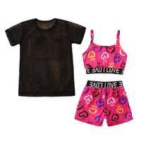 Load image into Gallery viewer, 3 Pieces Set Baby Kid Girls Solid Color Tops And Leopard Camo Love heart Print Tank Tops And Pants Shorts Wholesale 220402168
