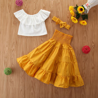 Load image into Gallery viewer, 3 Pieces Set Baby Kid Girls Solid Color Tops And Skirts And Bow Headwear Wholesale 220402174
