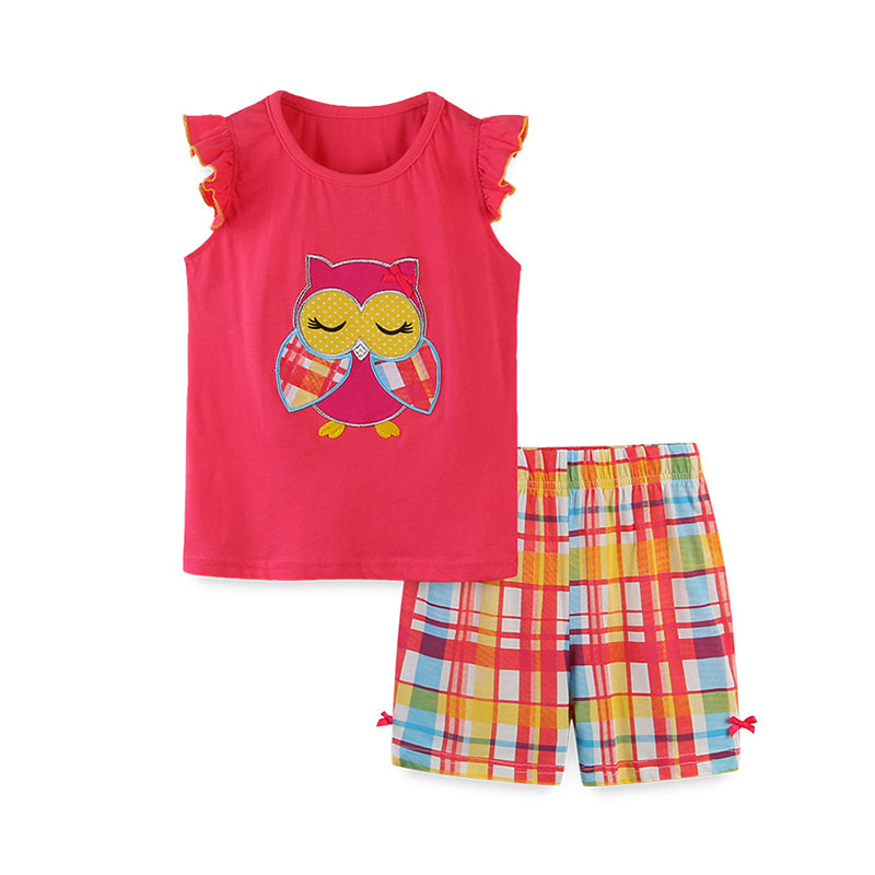 2 Pieces Set Baby Kid Girls Cartoon Embroidered Tank Tops Checked And Bow Shorts Wholesale 220402210