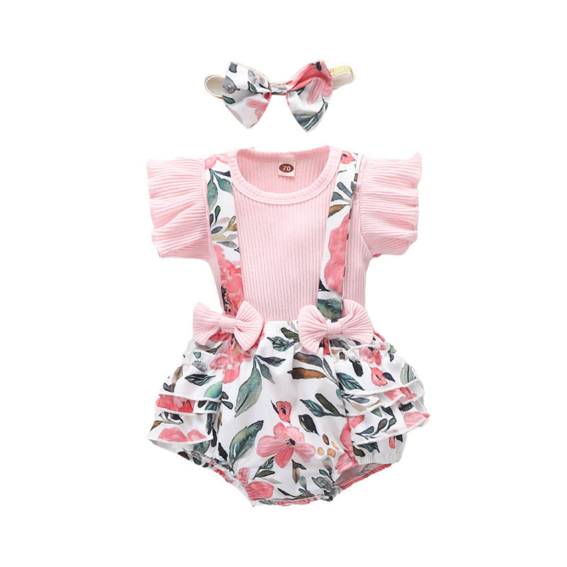 3 Pieces Set Baby Girls Solid Color Muslin&Ribbed Print Tops And Flower Bow Rompers And Headwear Wholesale 220402250
