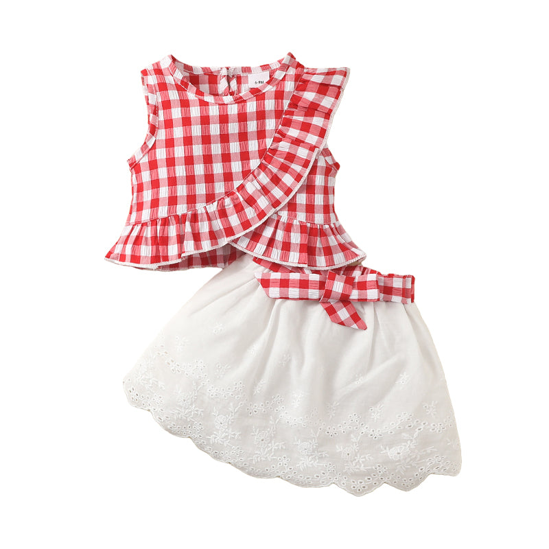 2 Pieces Set Baby Kid Girls Checked Tank Tops And Bow Skirts Wholesale 220402253