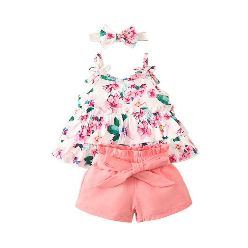 3 Pieces Set Baby Girls Flower Animals Print Tank Tops Solid Color Shorts And Bow Headwear Wholesale 220402257