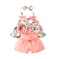 Load image into Gallery viewer, 3 Pieces Set Baby Girls Flower Animals Print Tank Tops Solid Color Shorts And Bow Headwear Wholesale 220402257
