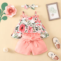 Load image into Gallery viewer, 3 Pieces Set Baby Girls Flower Animals Print Tank Tops Solid Color Shorts And Bow Headwear Wholesale 220402257

