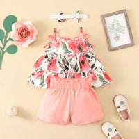 Load image into Gallery viewer, 3 Pieces Set Baby Girls Flower Animals Print Tank Tops Solid Color Shorts And Bow Headwear Wholesale 220402257
