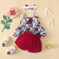 Load image into Gallery viewer, 3 Pieces Set Baby Girls Flower Animals Print Tank Tops Solid Color Shorts And Bow Headwear Wholesale 220402257
