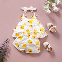 Load image into Gallery viewer, 3 Pieces Set Baby Girls Flower Animals Print Tank Tops Solid Color Shorts And Bow Headwear Wholesale 220402257
