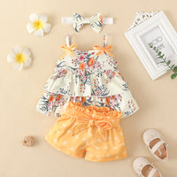 Load image into Gallery viewer, 3 Pieces Set Baby Girls Flower Animals Print Tank Tops Solid Color Shorts And Bow Headwear Wholesale 220402257
