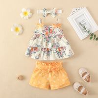Load image into Gallery viewer, 3 Pieces Set Baby Girls Flower Animals Print Tank Tops Solid Color Shorts And Bow Headwear Wholesale 220402257
