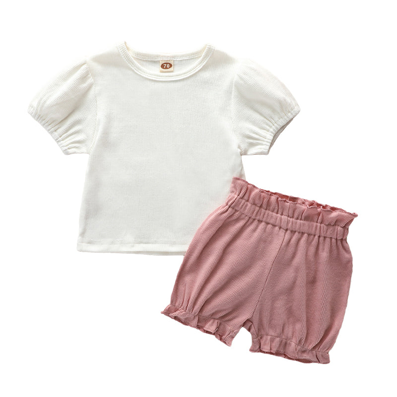 2 Pieces Set Baby Girls Solid Color Muslin&Ribbed Tops And Shorts Wholesale 220402258