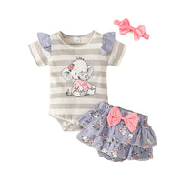 Load image into Gallery viewer, 3 Pieces Set Baby Girls Solid Color Muslin&amp;Ribbed Print Rompers Flower Dresses And Bow Headwear Wholesale 220402280
