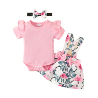 Load image into Gallery viewer, 3 Pieces Set Baby Girls Solid Color Muslin&amp;Ribbed Print Rompers Flower Dresses And Bow Headwear Wholesale 220402280
