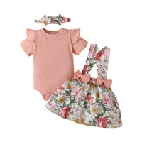 Load image into Gallery viewer, 3 Pieces Set Baby Girls Solid Color Muslin&amp;Ribbed Print Rompers Flower Dresses And Bow Headwear Wholesale 220402280

