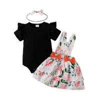 Load image into Gallery viewer, 3 Pieces Set Baby Girls Solid Color Muslin&amp;Ribbed Print Rompers Flower Dresses And Bow Headwear Wholesale 220402280
