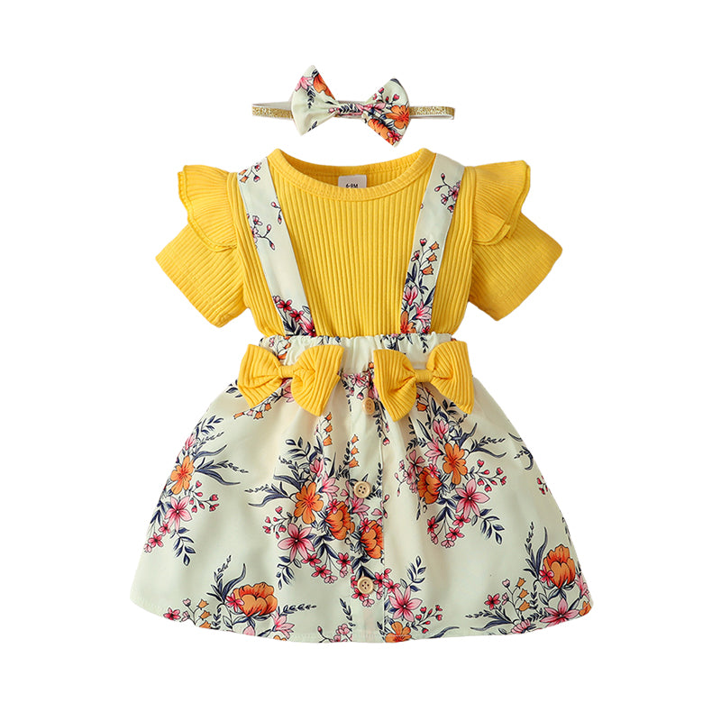 3 Pieces Set Baby Girls Solid Color Muslin&Ribbed Print Rompers Flower Dresses And Bow Headwear Wholesale 220402280