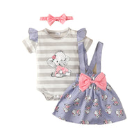 Load image into Gallery viewer, 3 Pieces Set Baby Girls Solid Color Muslin&amp;Ribbed Print Rompers Flower Dresses And Bow Headwear Wholesale 220402280
