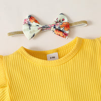 Load image into Gallery viewer, 3 Pieces Set Baby Girls Solid Color Muslin&amp;Ribbed Print Rompers Flower Dresses And Bow Headwear Wholesale 220402280
