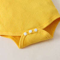 Load image into Gallery viewer, 3 Pieces Set Baby Girls Solid Color Muslin&amp;Ribbed Print Rompers Flower Dresses And Bow Headwear Wholesale 220402280
