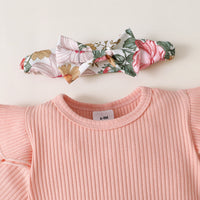 Load image into Gallery viewer, 3 Pieces Set Baby Girls Solid Color Muslin&amp;Ribbed Print Rompers Flower Dresses And Bow Headwear Wholesale 220402280
