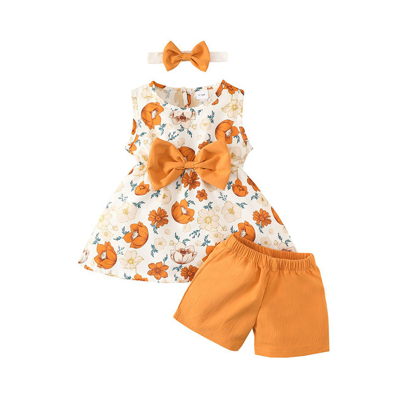 3 Pieces Set Baby Girls Flower Print Dresses Solid Color Shorts And Bow Headwear Wholesale 220402298